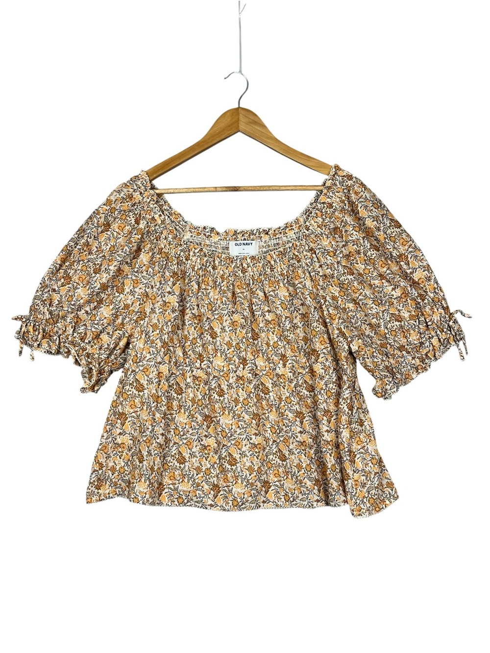 Old Navy Women Blouse XL Yellow Floral Peasant Puff Sleeve Elastic Ruffle
